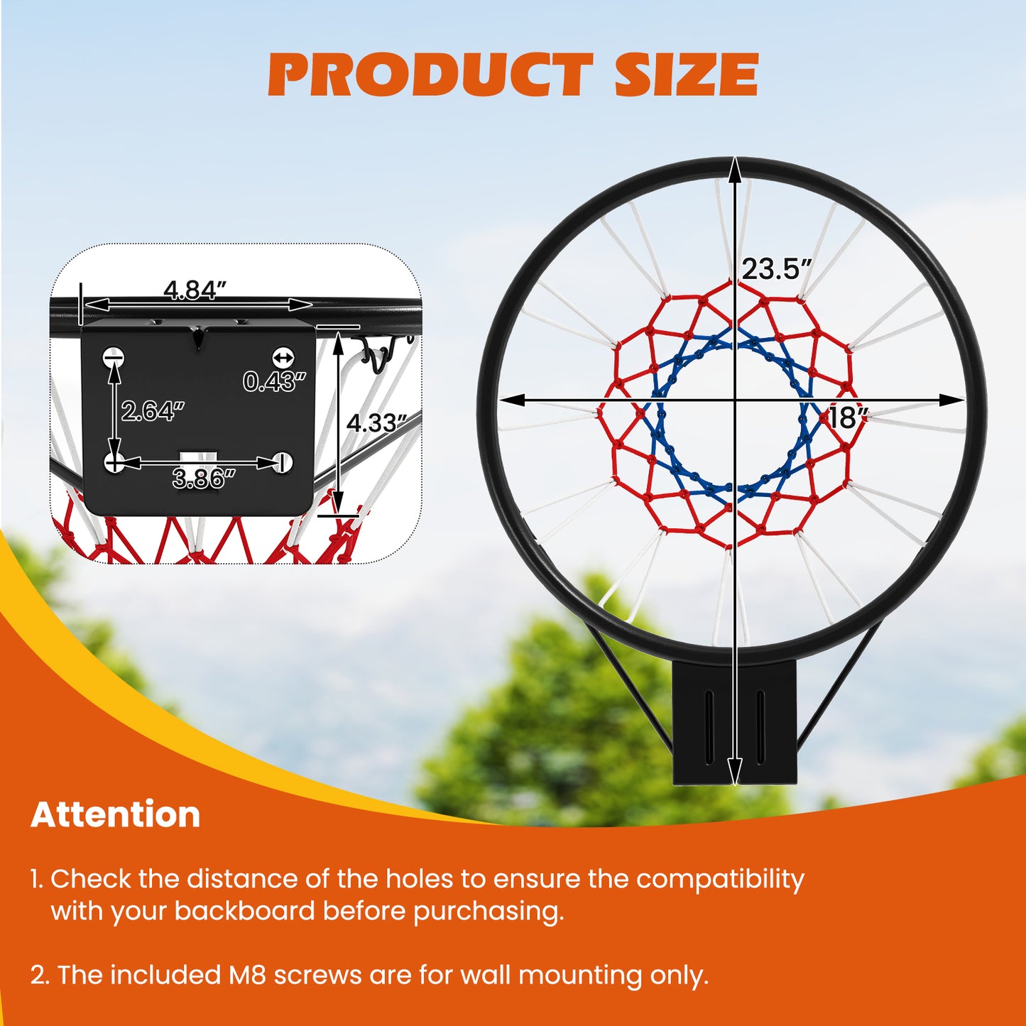 Topbuy 18" Standard Basketball Rim Replacement for Most Backboards Shock-absorbing Springs & Weather-resistant Net