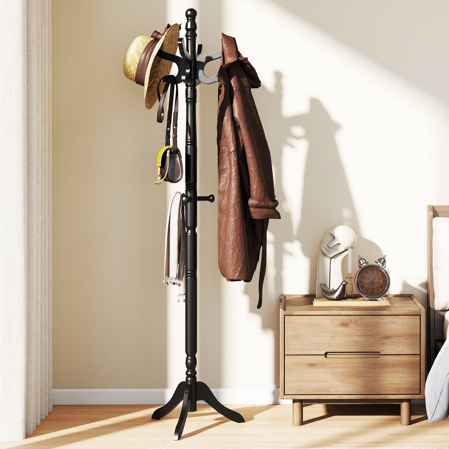 Topbuy Freestanding Coat Rack Solid Rubber Wood Hall Tree with 11 Hooks and 3 Height Options for Coats