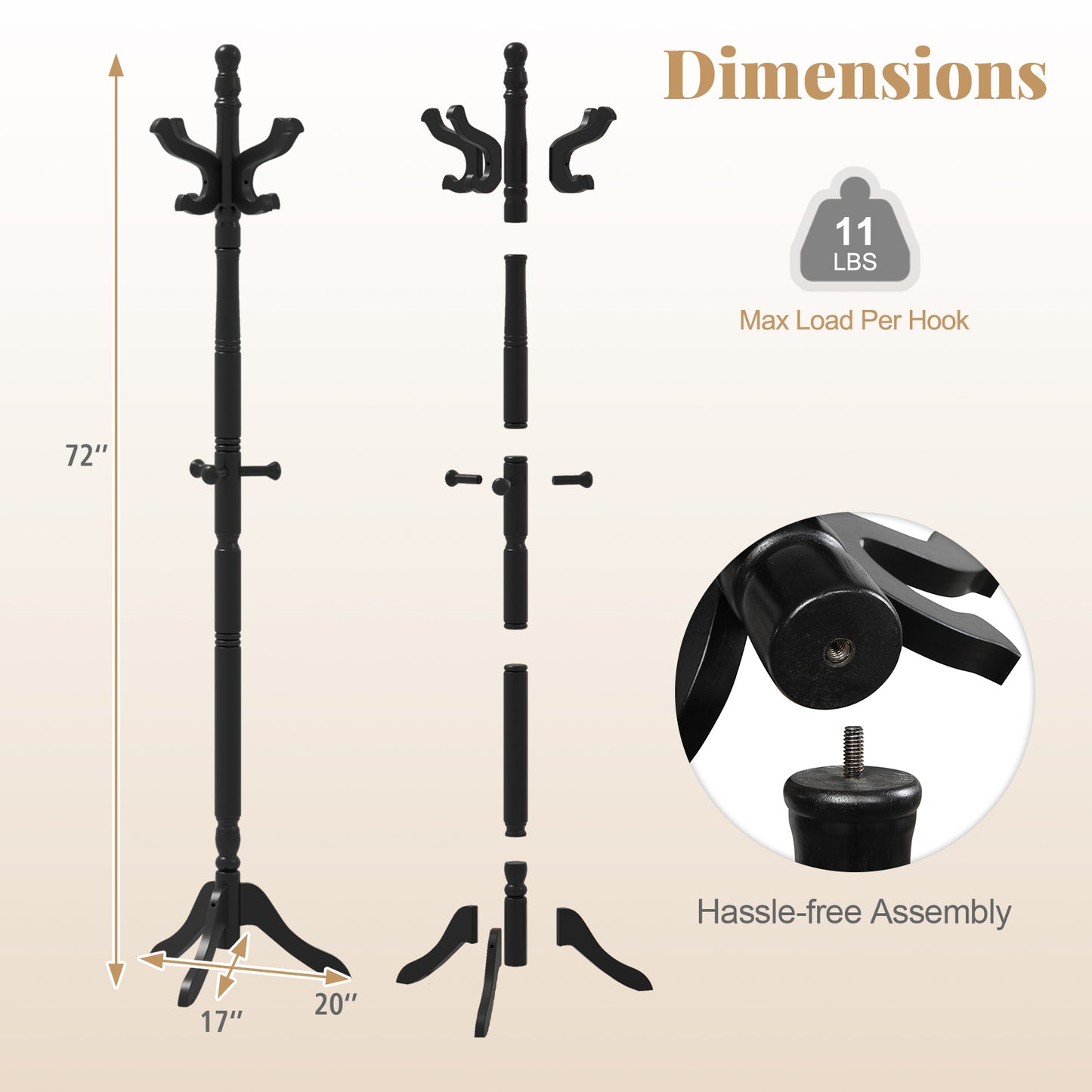 Topbuy Freestanding Coat Rack Solid Rubber Wood Hall Tree with 11 Hooks and 3 Height Options for Coats