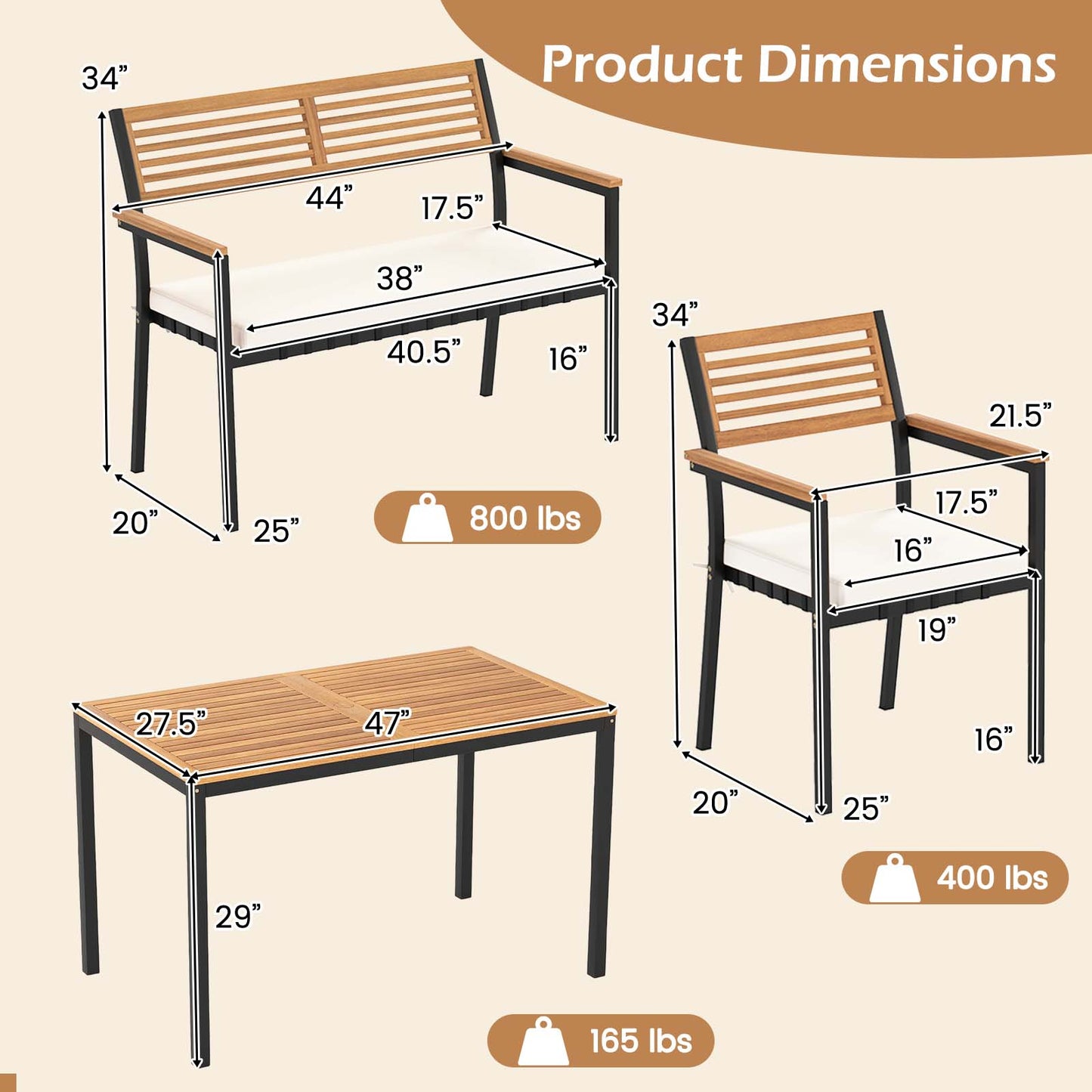 Topbuy 4 Pieces Patio Dining Table Set Outdoor Rectangle Table w/ Loveseat & 2 Stackable Chairs