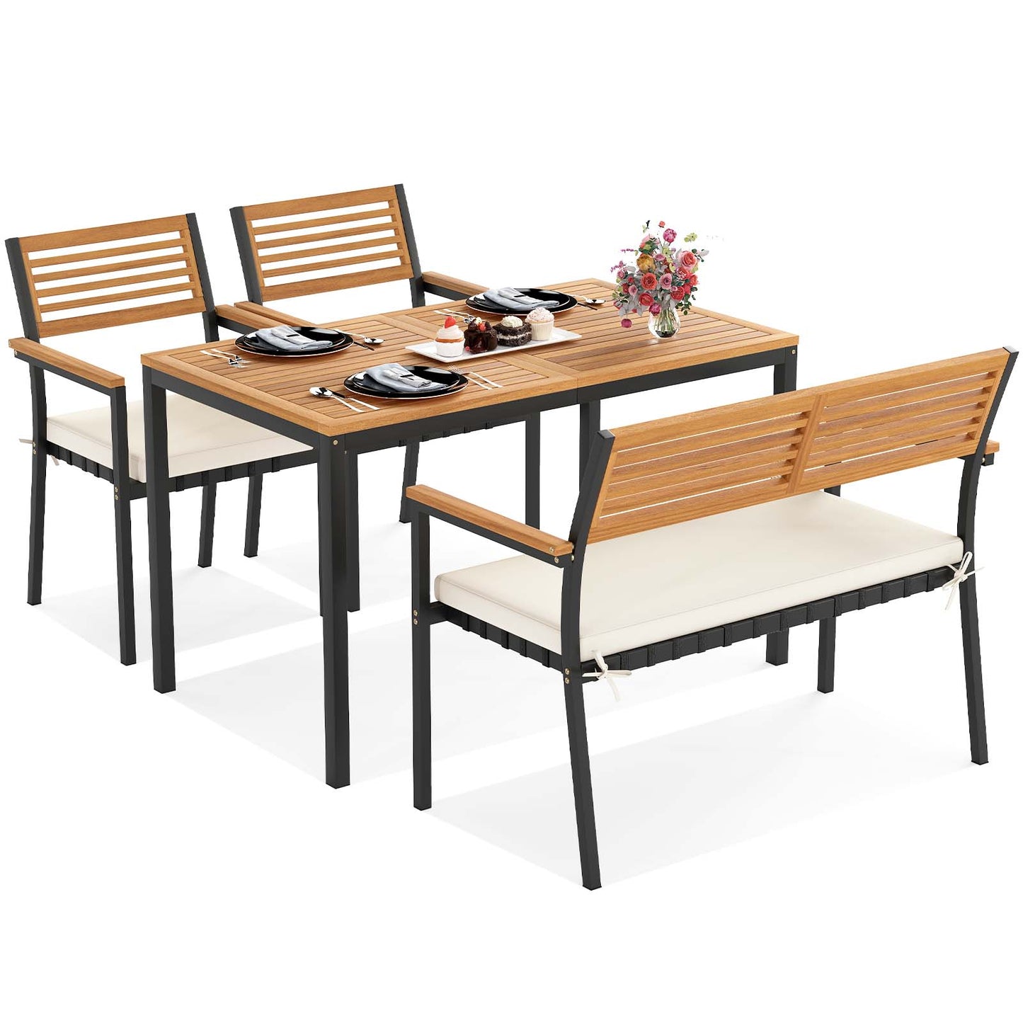 Topbuy 4 Pieces Patio Dining Table Set Outdoor Rectangle Table w/ Loveseat & 2 Stackable Chairs
