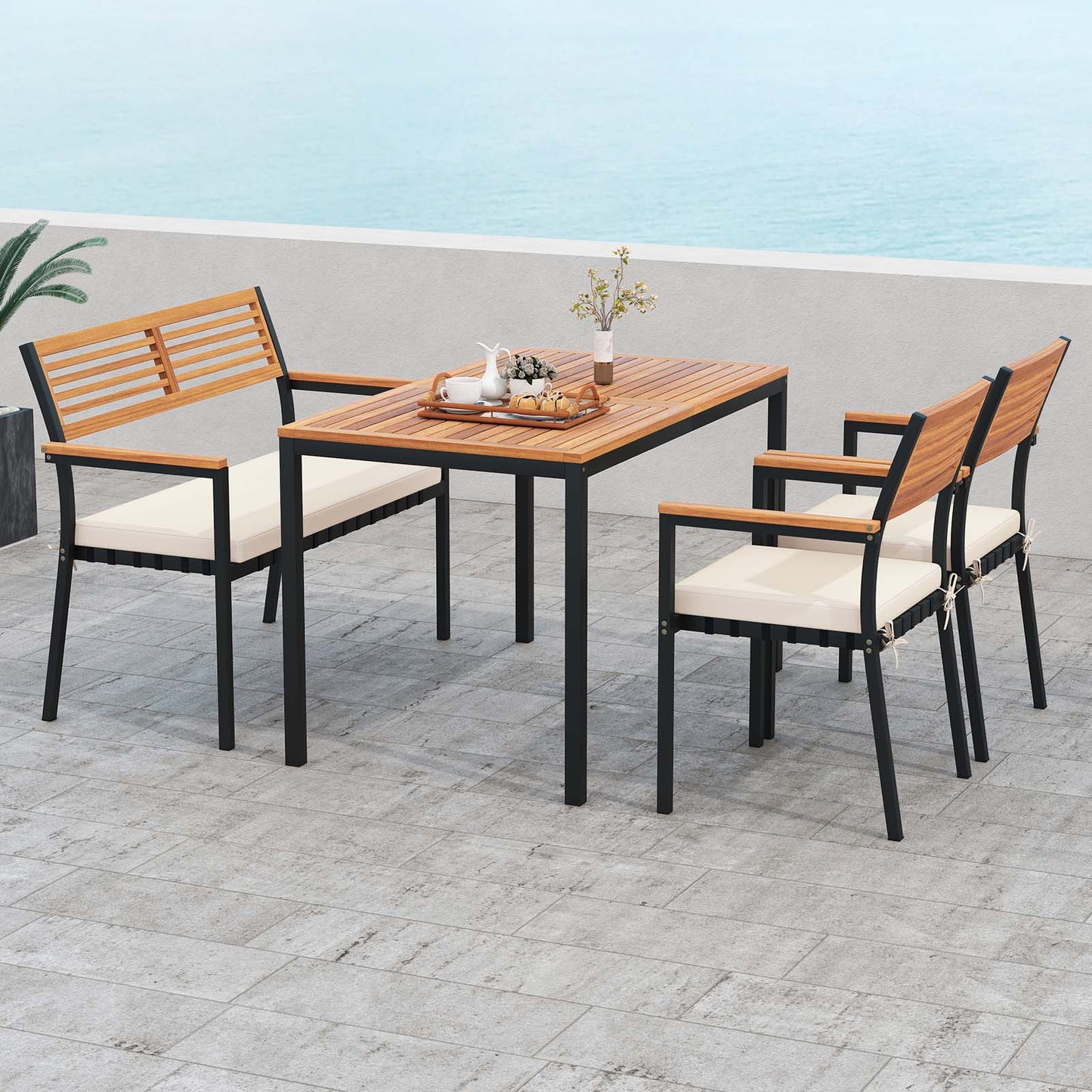 Topbuy 4 Pieces Patio Dining Table Set Outdoor Rectangle Table w/ Loveseat & 2 Stackable Chairs