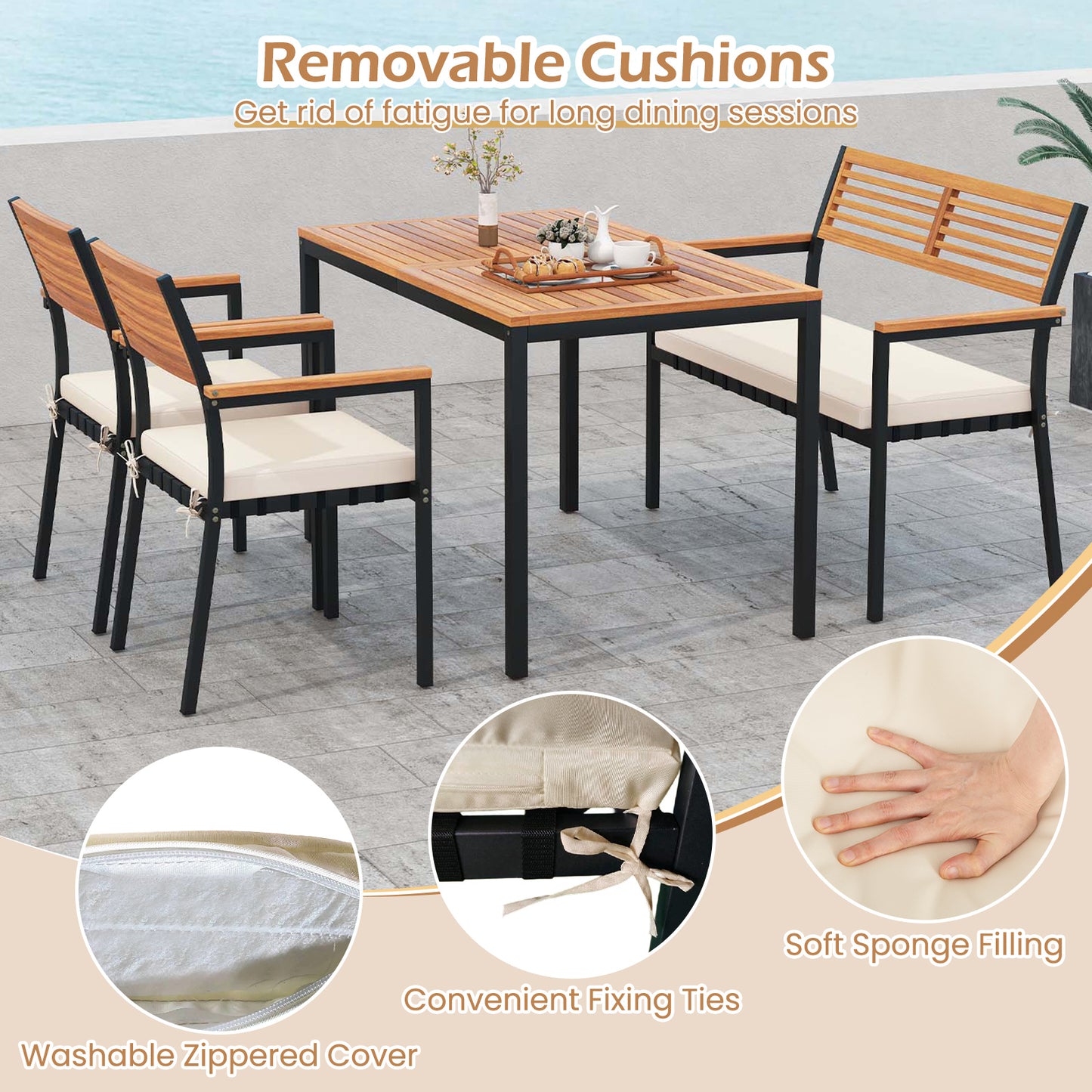 Topbuy 4 Pieces Patio Dining Table Set Outdoor Rectangle Table w/ Loveseat & 2 Stackable Chairs