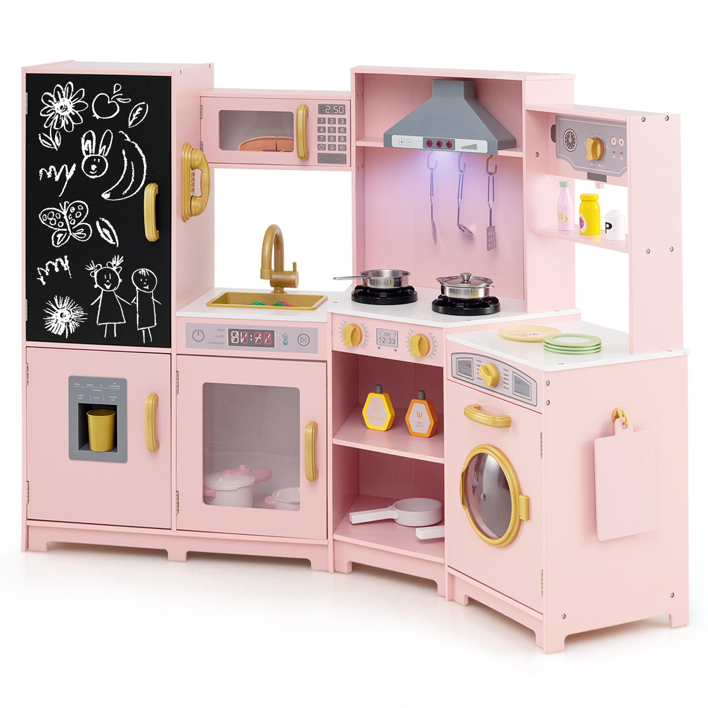 Topbuy Corner Wooden Play Kitchen with Lights & Sounds Large Pretend Play Kitchen Set
