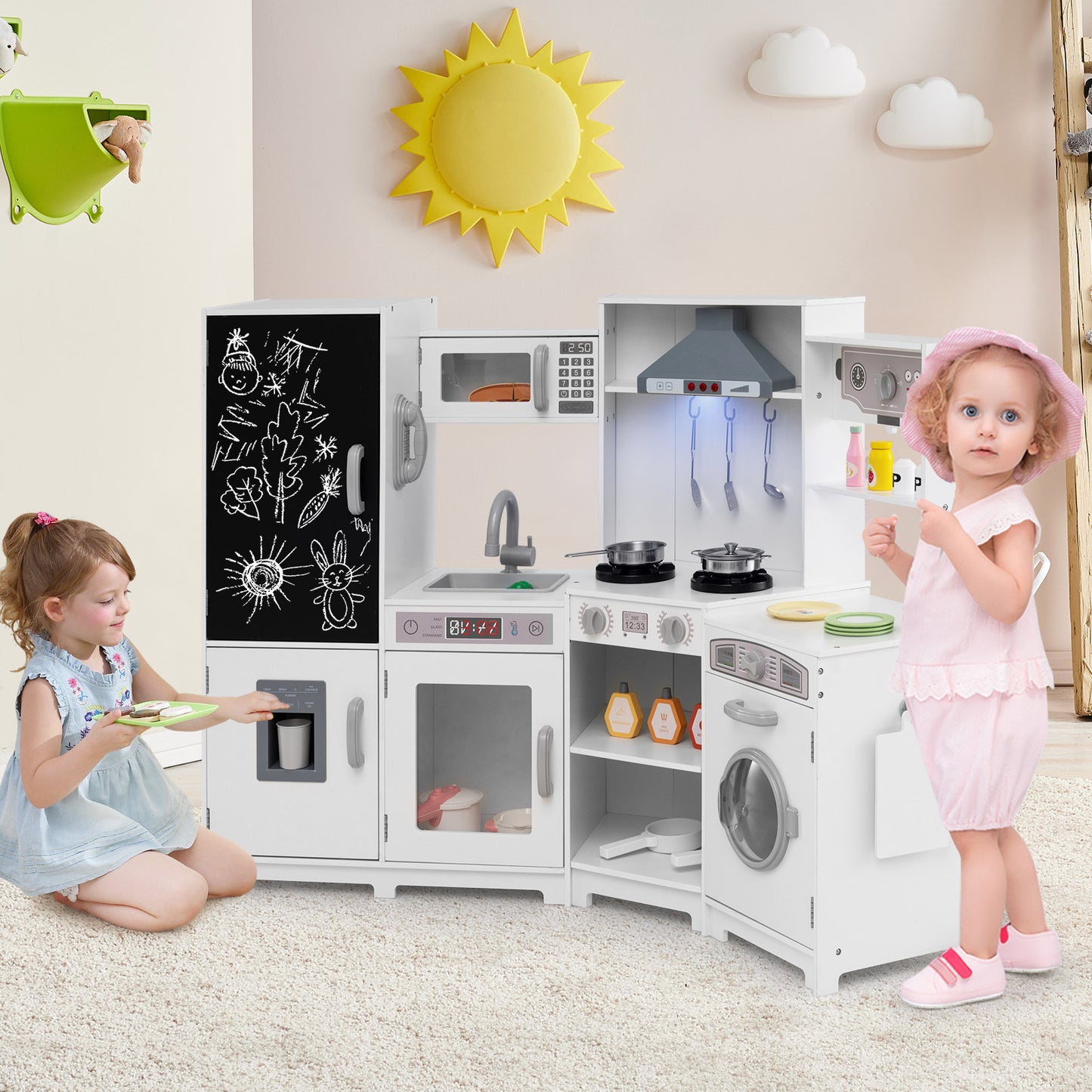 Topbuy Corner Wooden Play Kitchen with Lights & Sounds Large Pretend Play Kitchen Set