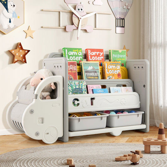 Topbuy Kids Bookshelf Car-shaped Toy and Book Storage Organizer with 3-Tier Bookshelf