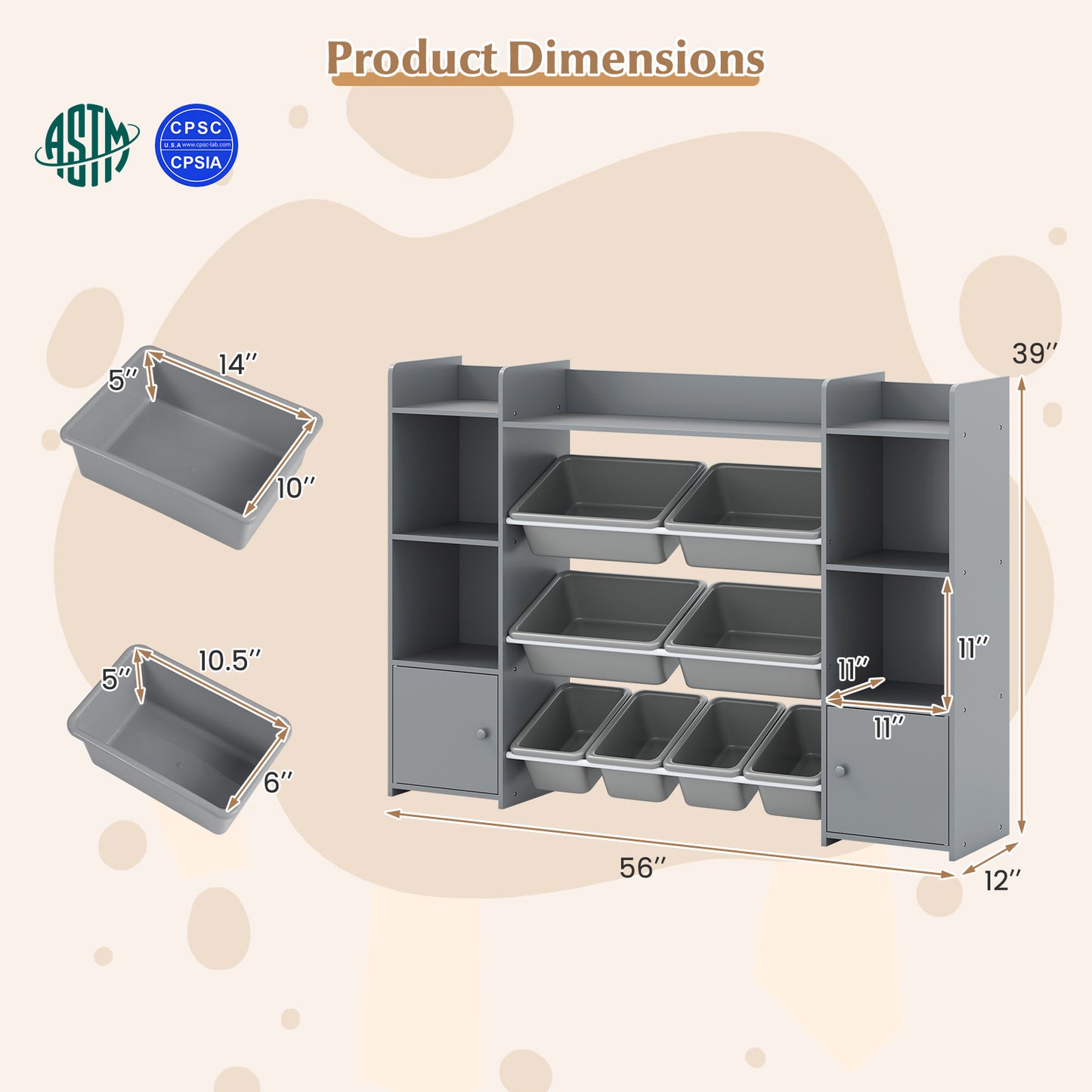 Topbuy 56" Large Toy Storage Organizer 4-Tier Kids Cubby Shelf with 8 Removable Bins and Bookshelf