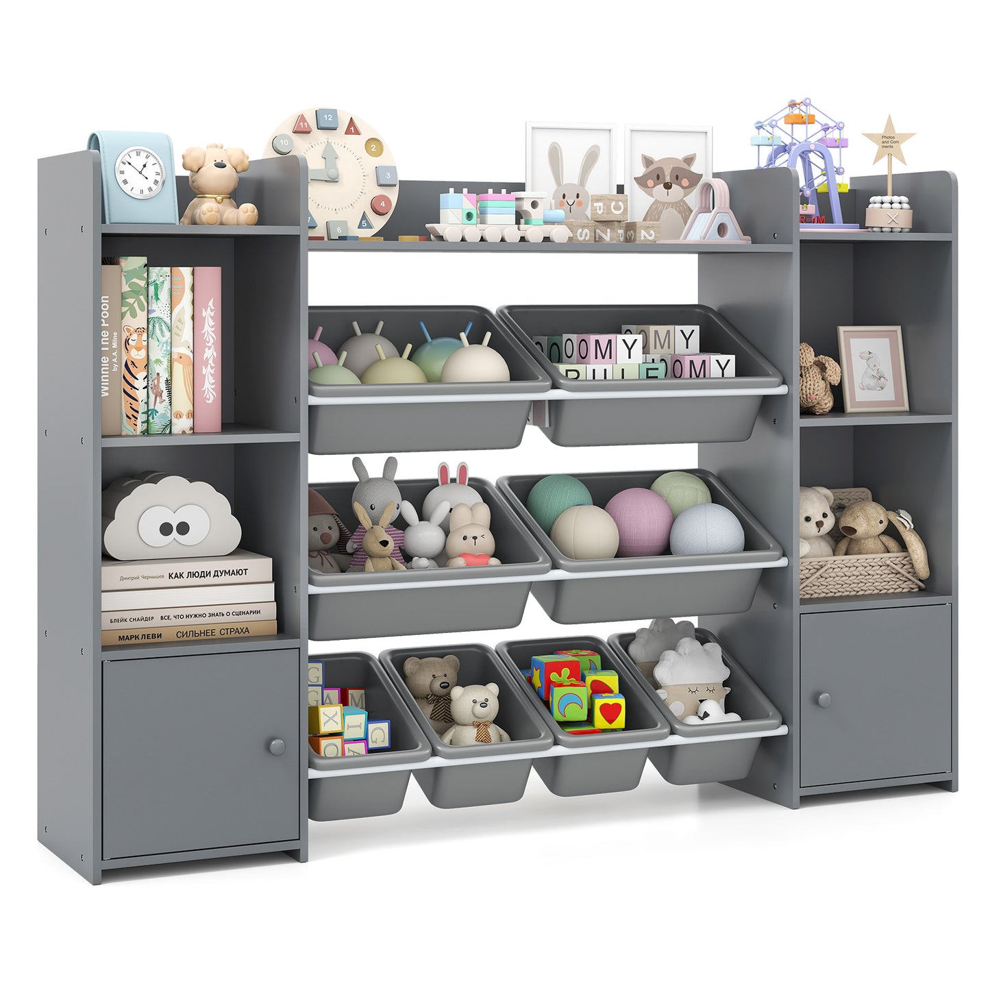 Topbuy 56" Large Toy Storage Organizer 4-Tier Kids Cubby Shelf with 8 Removable Bins and Bookshelf