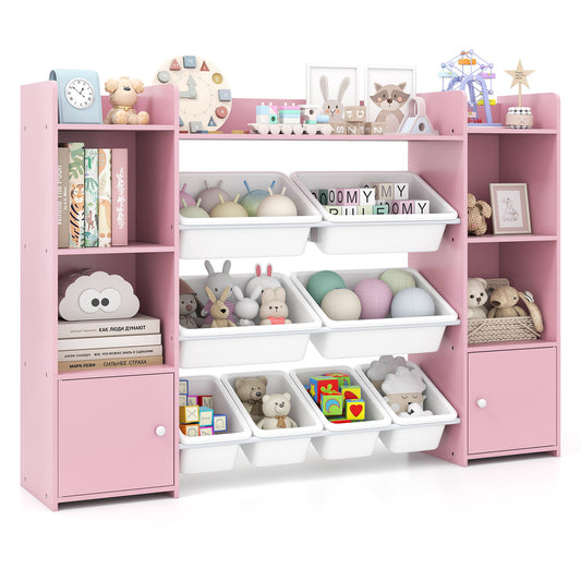 Topbuy 56" Large Toy Storage Organizer 4-Tier Kids Cubby Shelf with 8 Removable Bins and Bookshelf