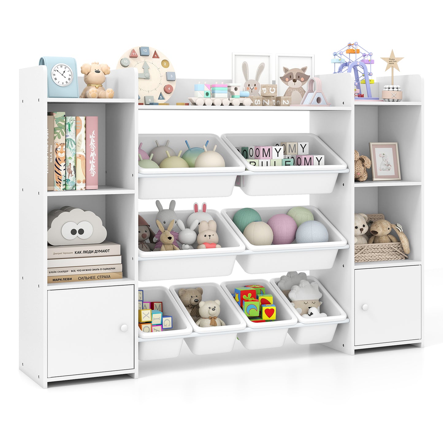 Topbuy 56" Large Toy Storage Organizer 4-Tier Kids Cubby Shelf with 8 Removable Bins and Bookshelf
