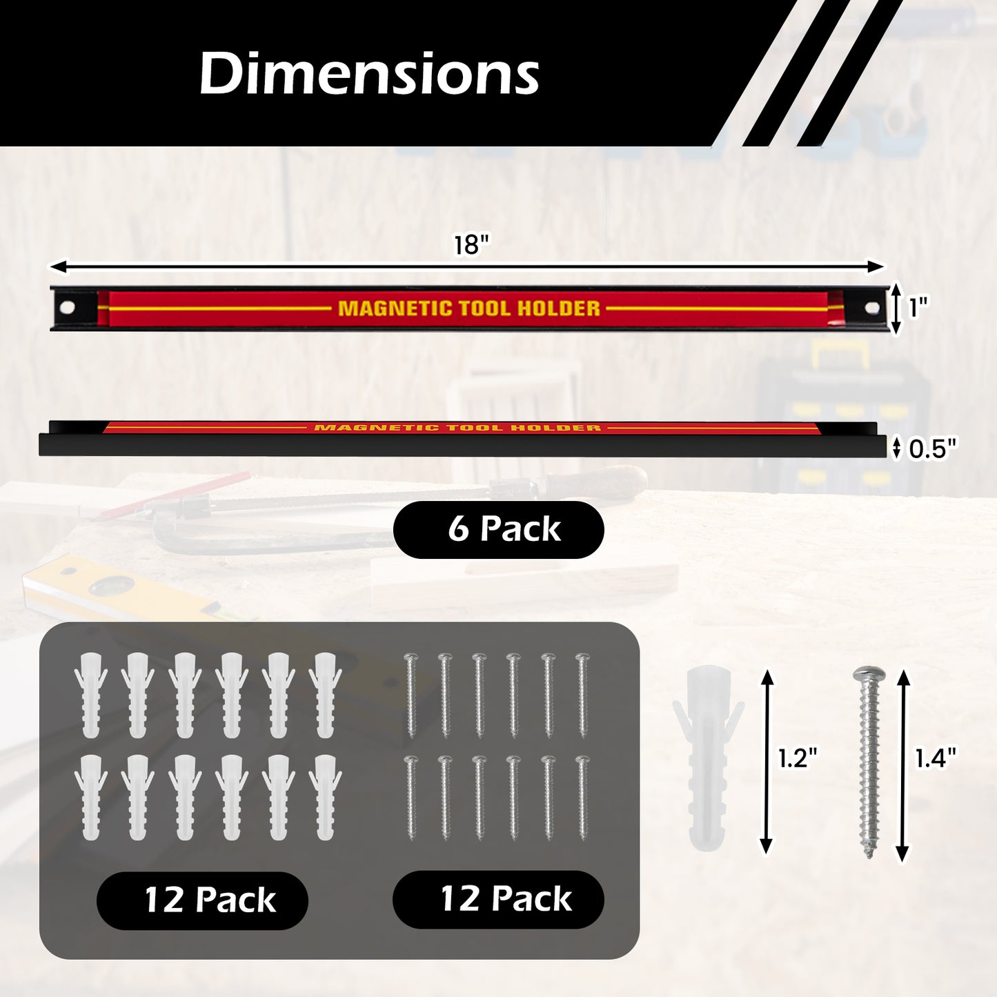 Topbuy 18" Magnetic Tool Holder Strip 6 Pack Heavy-Duty Metal Tool Magnet Bar with Mounting Screws