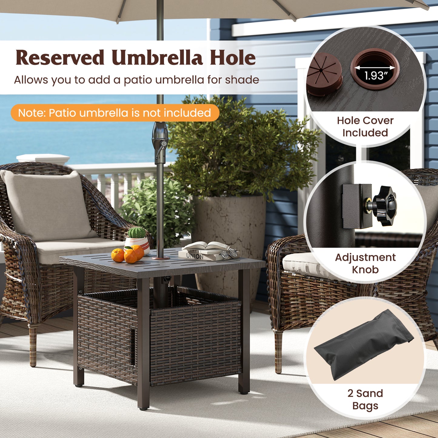 Patiojoy Outdoor Side Table with 1.93" Umbrella Hole Patio Umbrella Stand with 2 Sand Bags