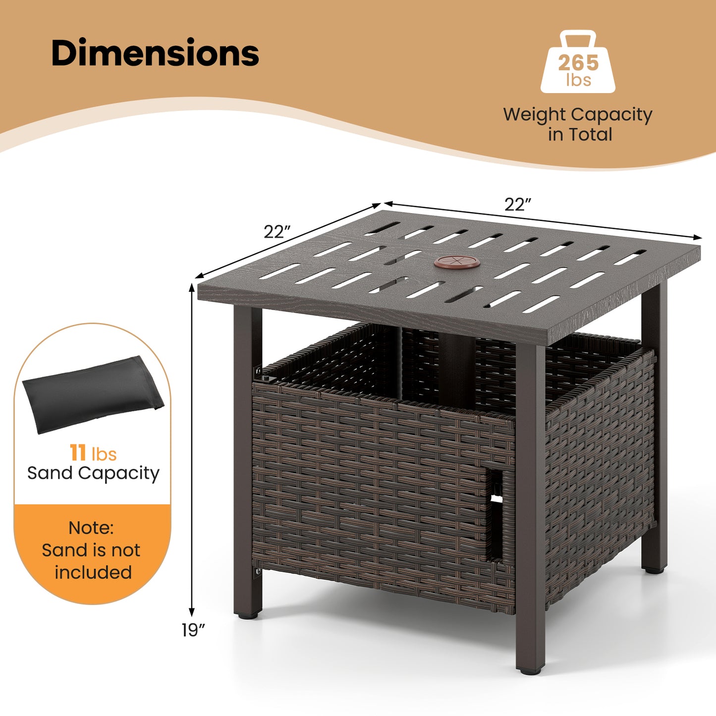 Patiojoy Outdoor Side Table with 1.93" Umbrella Hole Patio Umbrella Stand with 2 Sand Bags