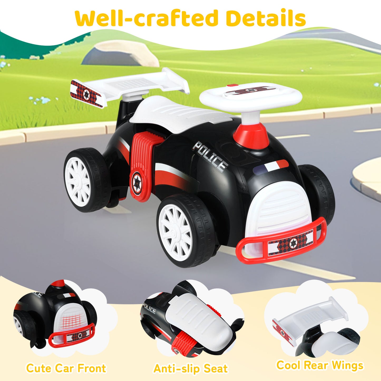 Patiojoy Kids Ride On Car Foot-to-Floor Sliding Toy with Music & Under-Seat Storage