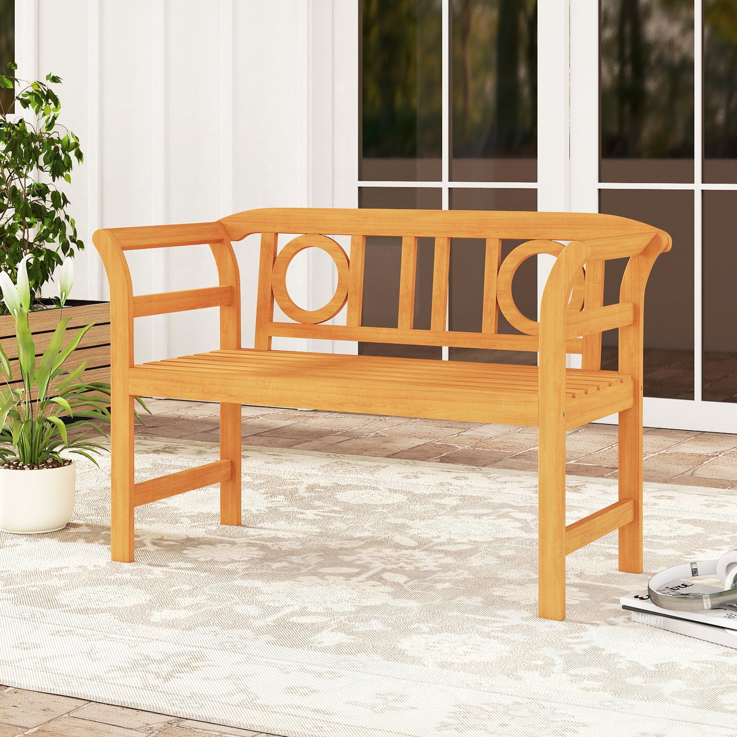 Patiojoy Outdoor Loveseat Bench Acacia Wood 2-Person Garden Chair with Curved Armrests