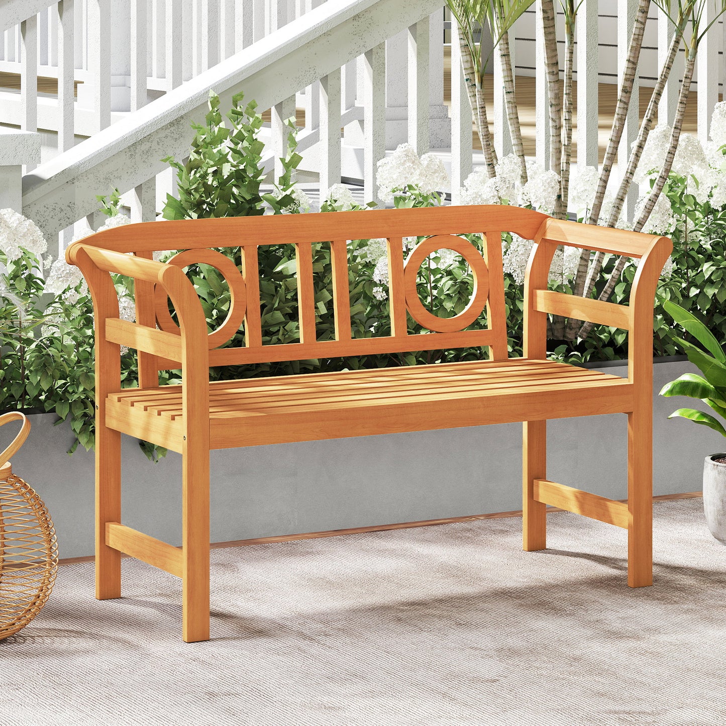 Patiojoy Outdoor Loveseat Bench Acacia Wood 2-Person Garden Chair with Curved Armrests