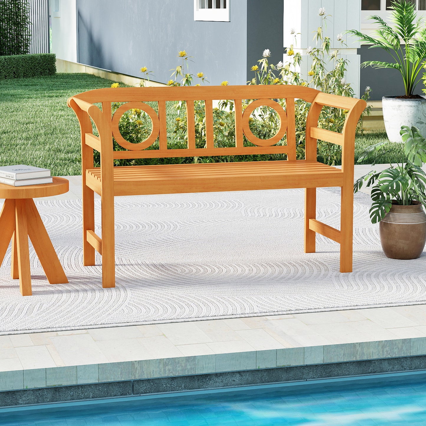Patiojoy Outdoor Loveseat Bench Acacia Wood 2-Person Garden Chair with Curved Armrests