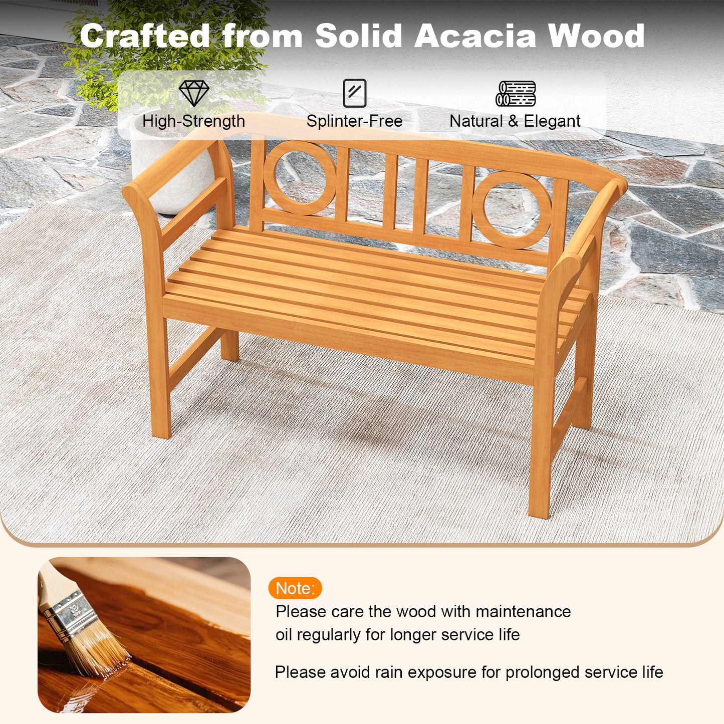 Patiojoy Outdoor Loveseat Bench Acacia Wood 2-Person Garden Chair with Curved Armrests