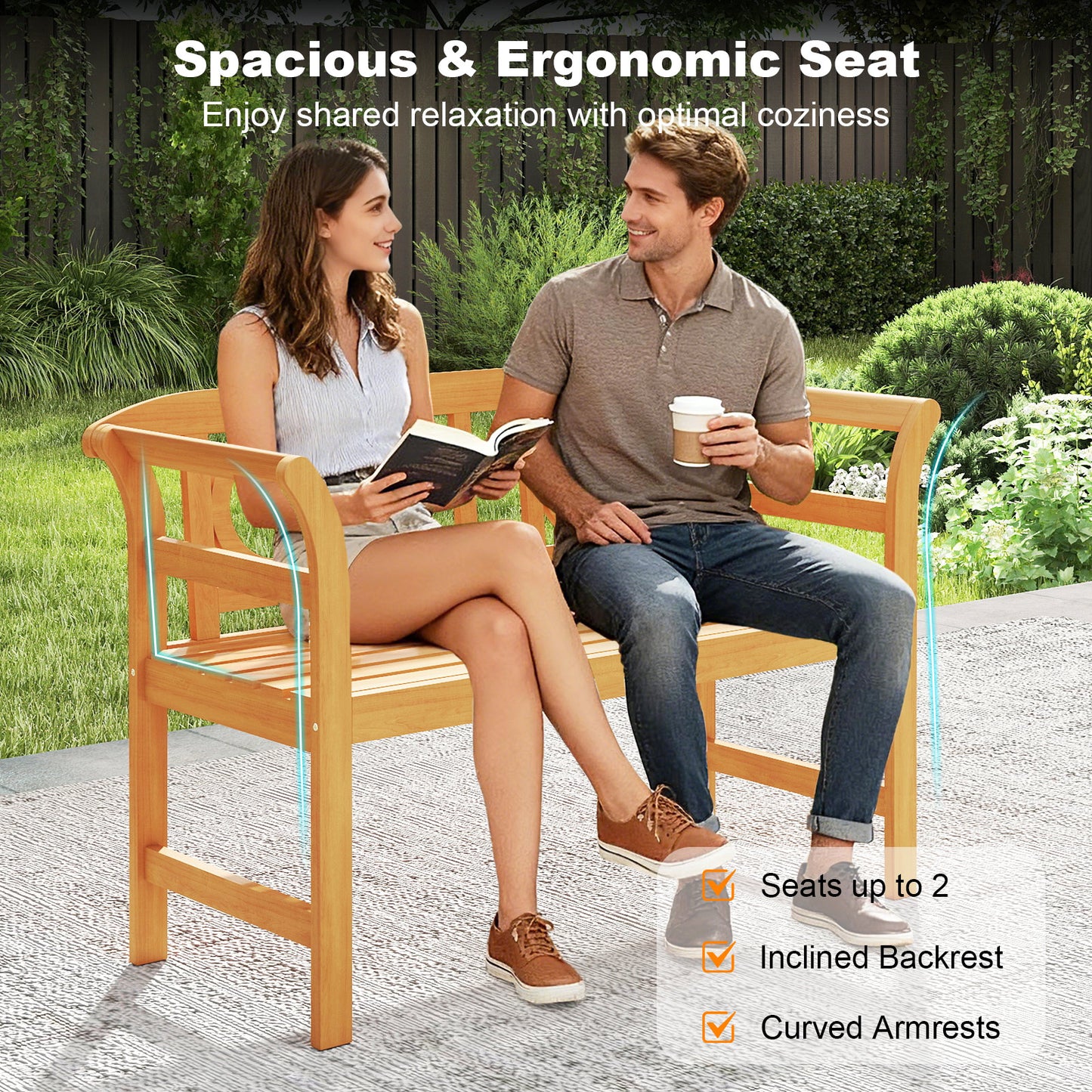 Patiojoy Outdoor Loveseat Bench Acacia Wood 2-Person Garden Chair with Curved Armrests