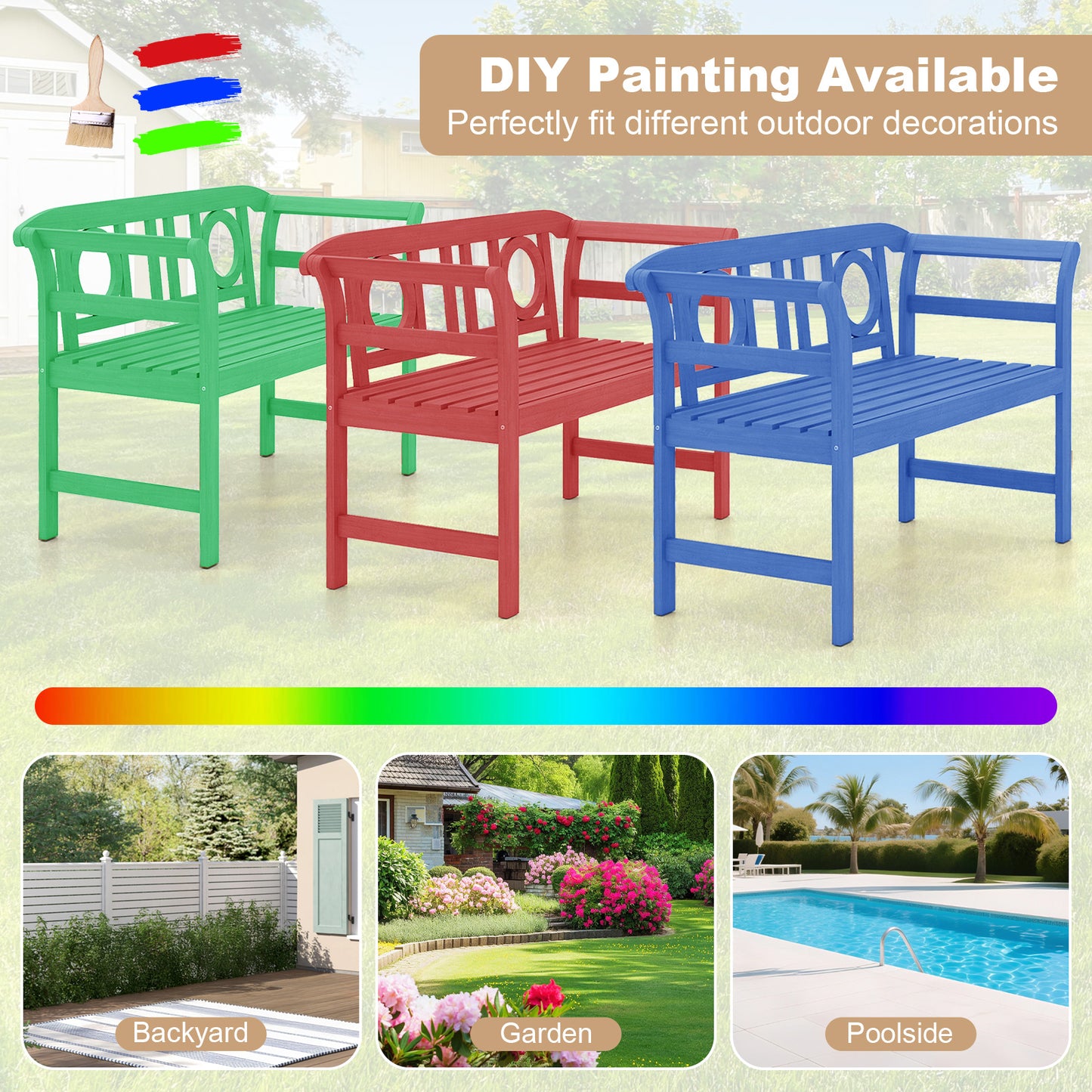 Patiojoy Outdoor Loveseat Bench Acacia Wood 2-Person Garden Chair with Curved Armrests