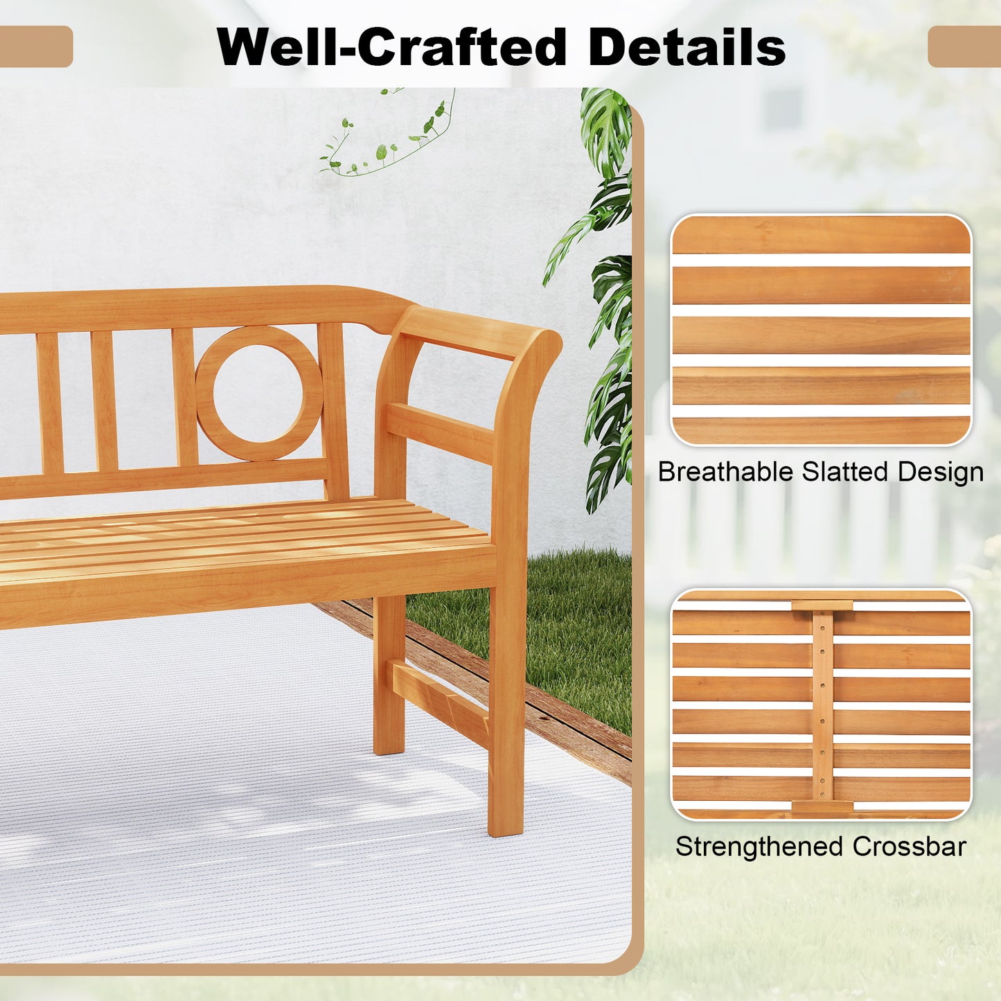 Patiojoy Outdoor Loveseat Bench Acacia Wood 2-Person Garden Chair with Curved Armrests