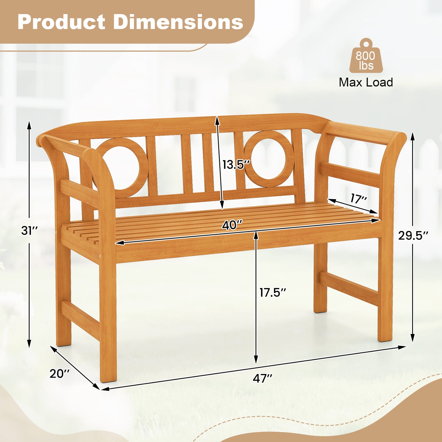 Patiojoy Outdoor Loveseat Bench Acacia Wood 2-Person Garden Chair with Curved Armrests