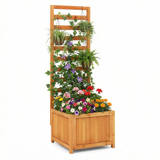 Patiojoy Raised Garden Bed with Trellis Solid Wood Planter Box with 2 Drainage Holes