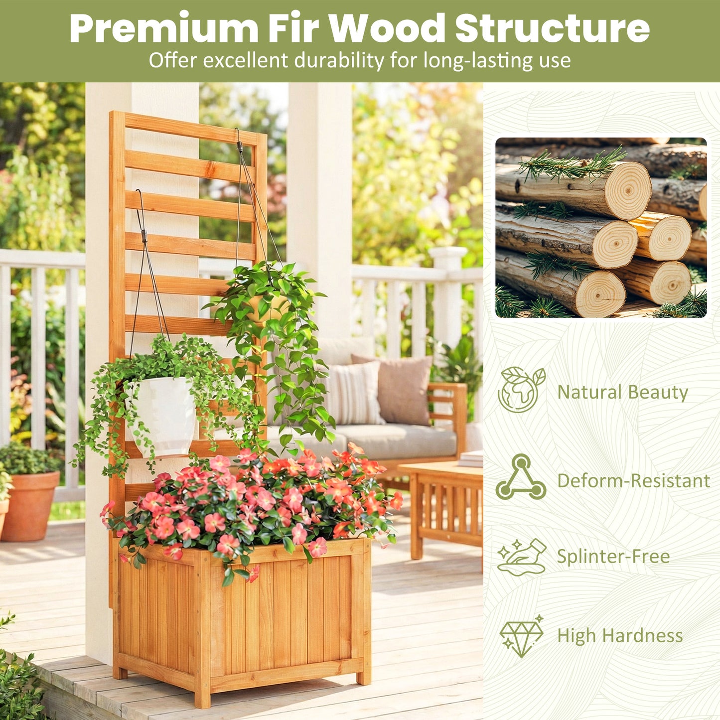 Patiojoy Raised Garden Bed with Trellis Solid Wood Planter Box with 2 Drainage Holes