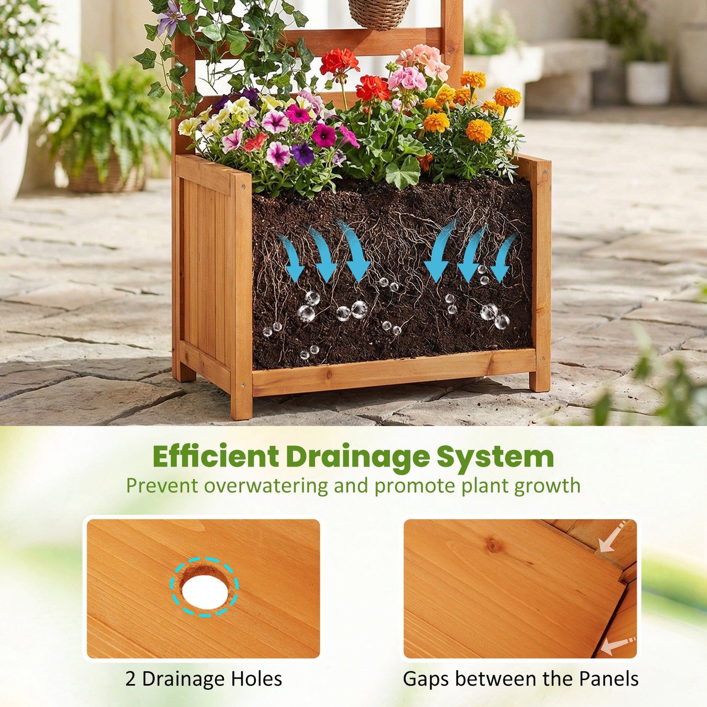 Patiojoy Raised Garden Bed with Trellis Solid Wood Planter Box with 2 Drainage Holes