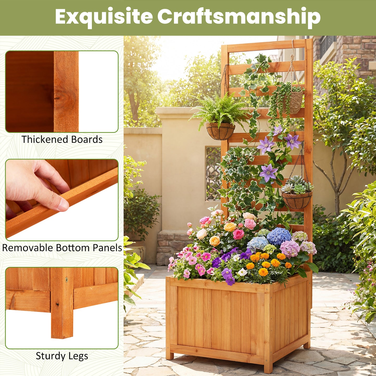 Patiojoy Raised Garden Bed with Trellis Solid Wood Planter Box with 2 Drainage Holes
