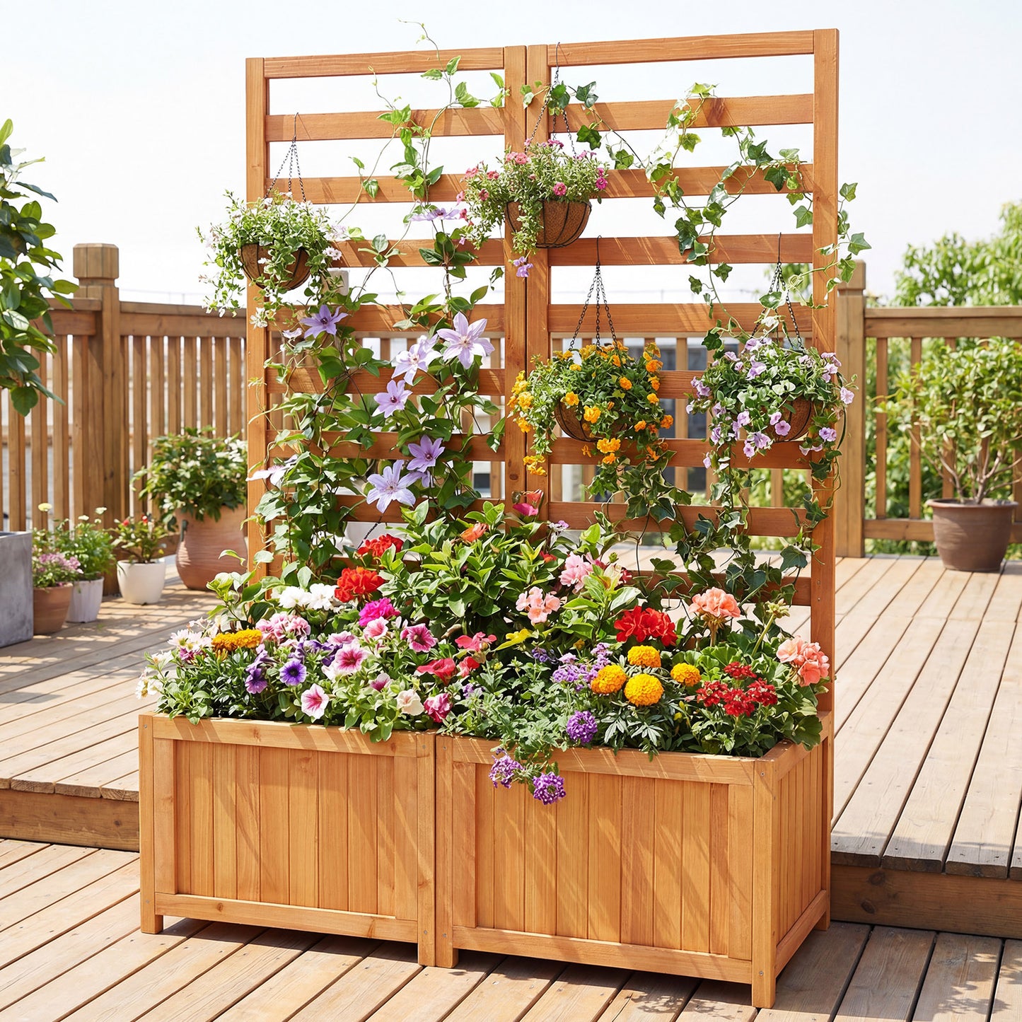 Patiojoy Raised Garden Bed with Trellis Solid Wood Planter Box with 2 Drainage Holes