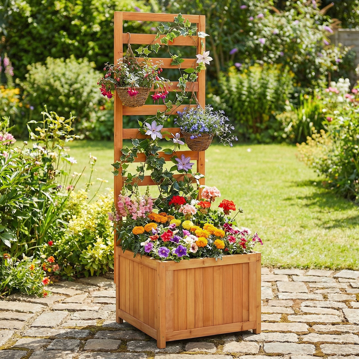 Patiojoy Raised Garden Bed with Trellis Solid Wood Planter Box with 2 Drainage Holes