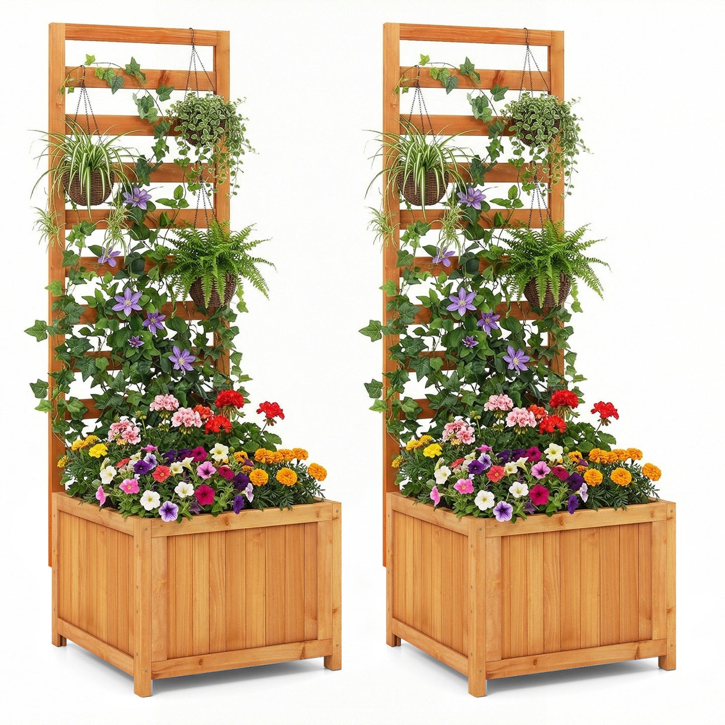 Patiojoy Raised Garden Bed with Trellis Solid Wood Planter Box with 2 Drainage Holes
