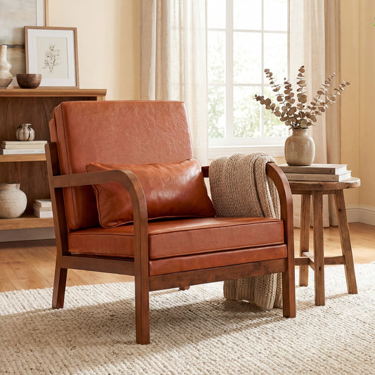 Patiojoy Modern Upholstered Accent Chair Faux Leather Armchair with Lumbar Pillow