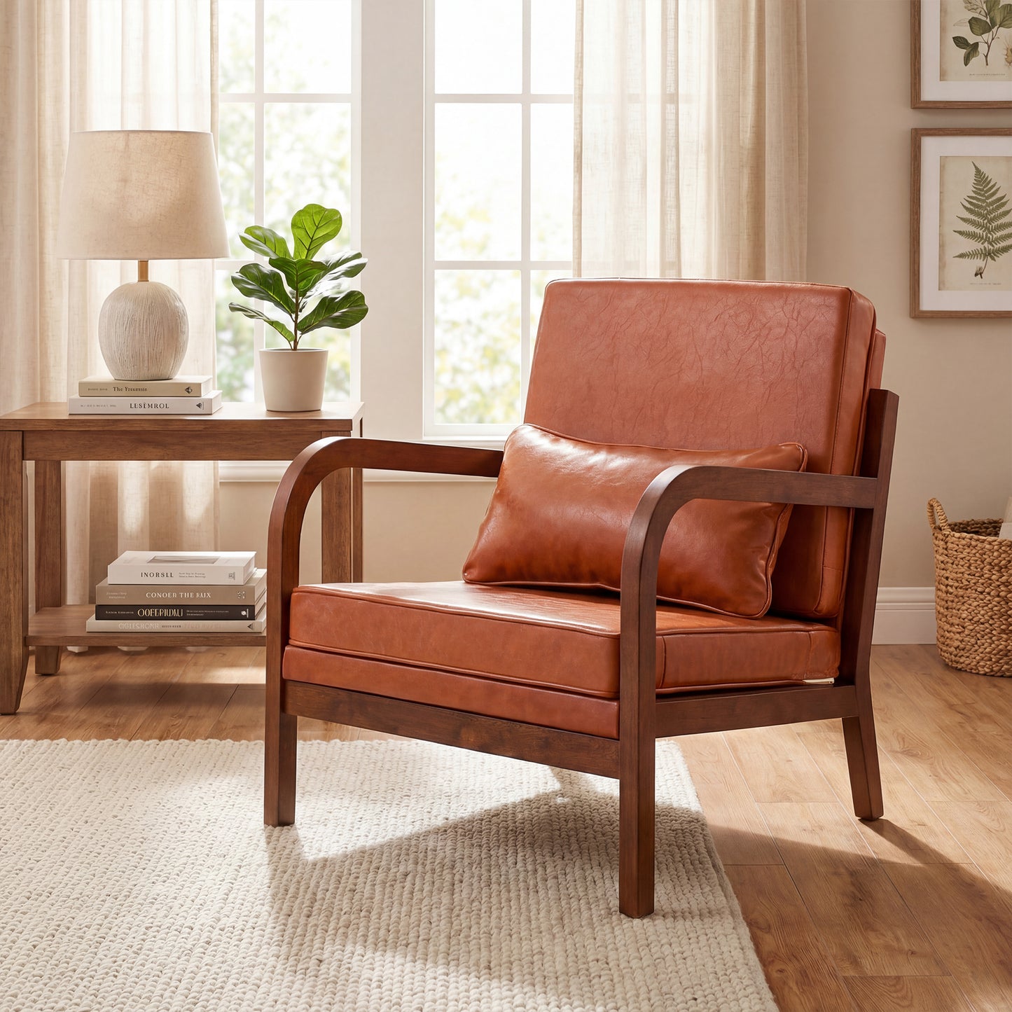Patiojoy Modern Upholstered Accent Chair Faux Leather Armchair with Lumbar Pillow