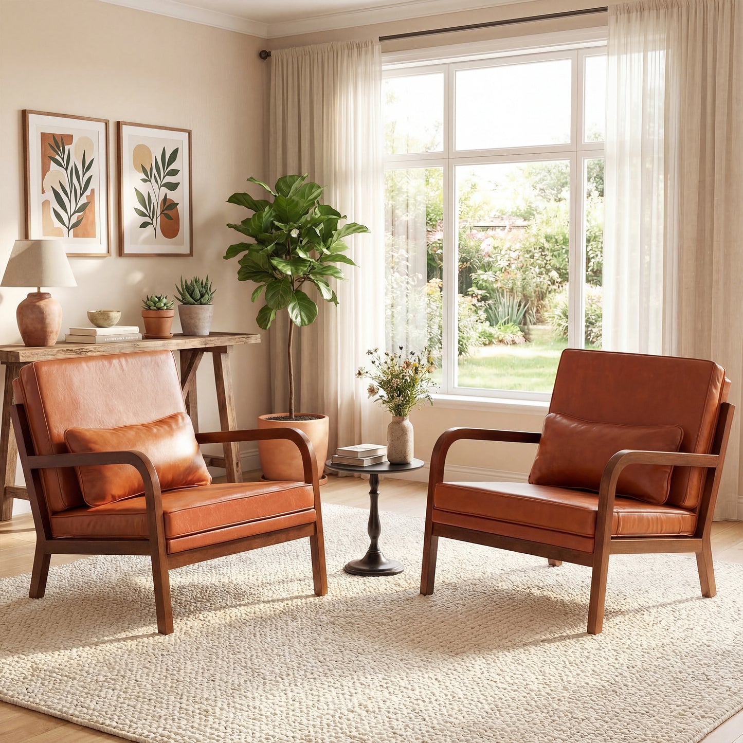 Patiojoy Modern Upholstered Accent Chair Faux Leather Armchair with Lumbar Pillow