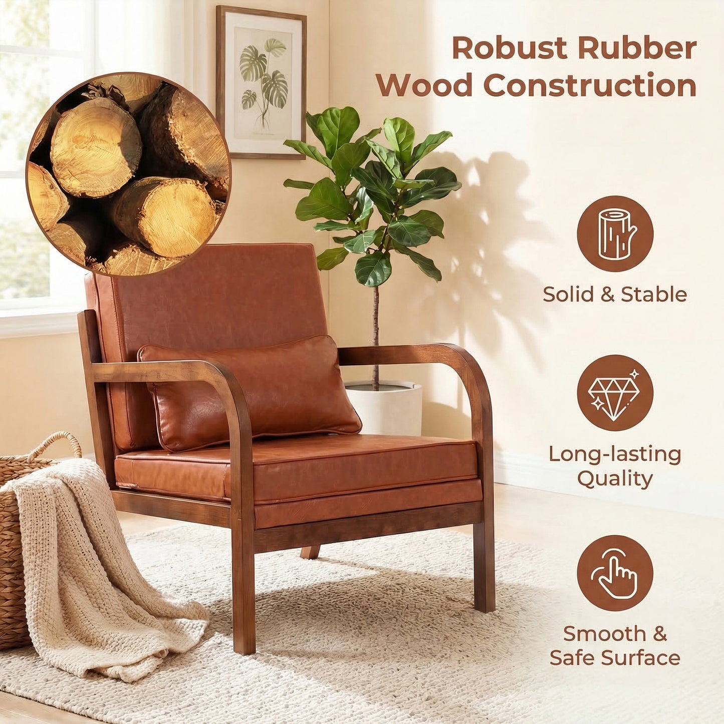 Patiojoy Modern Upholstered Accent Chair Faux Leather Armchair with Lumbar Pillow
