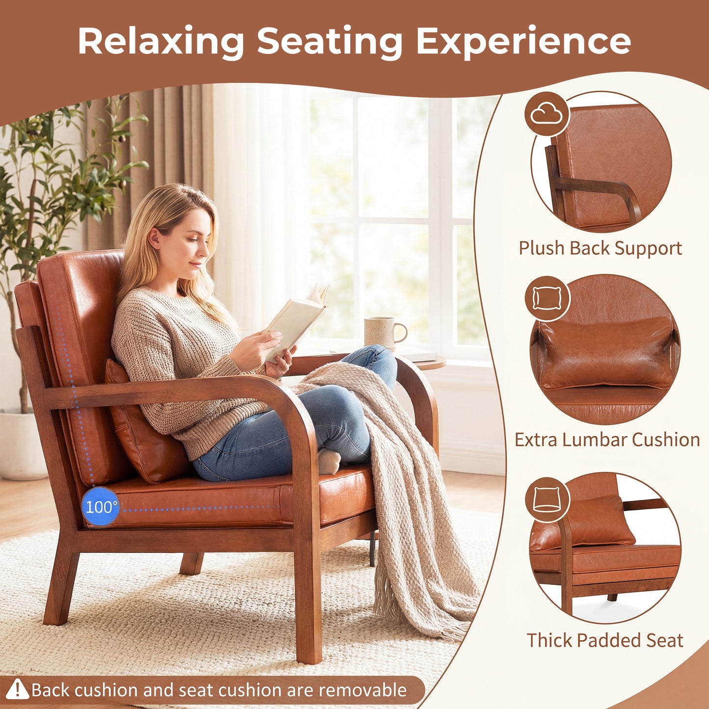 Patiojoy Modern Upholstered Accent Chair Faux Leather Armchair with Lumbar Pillow
