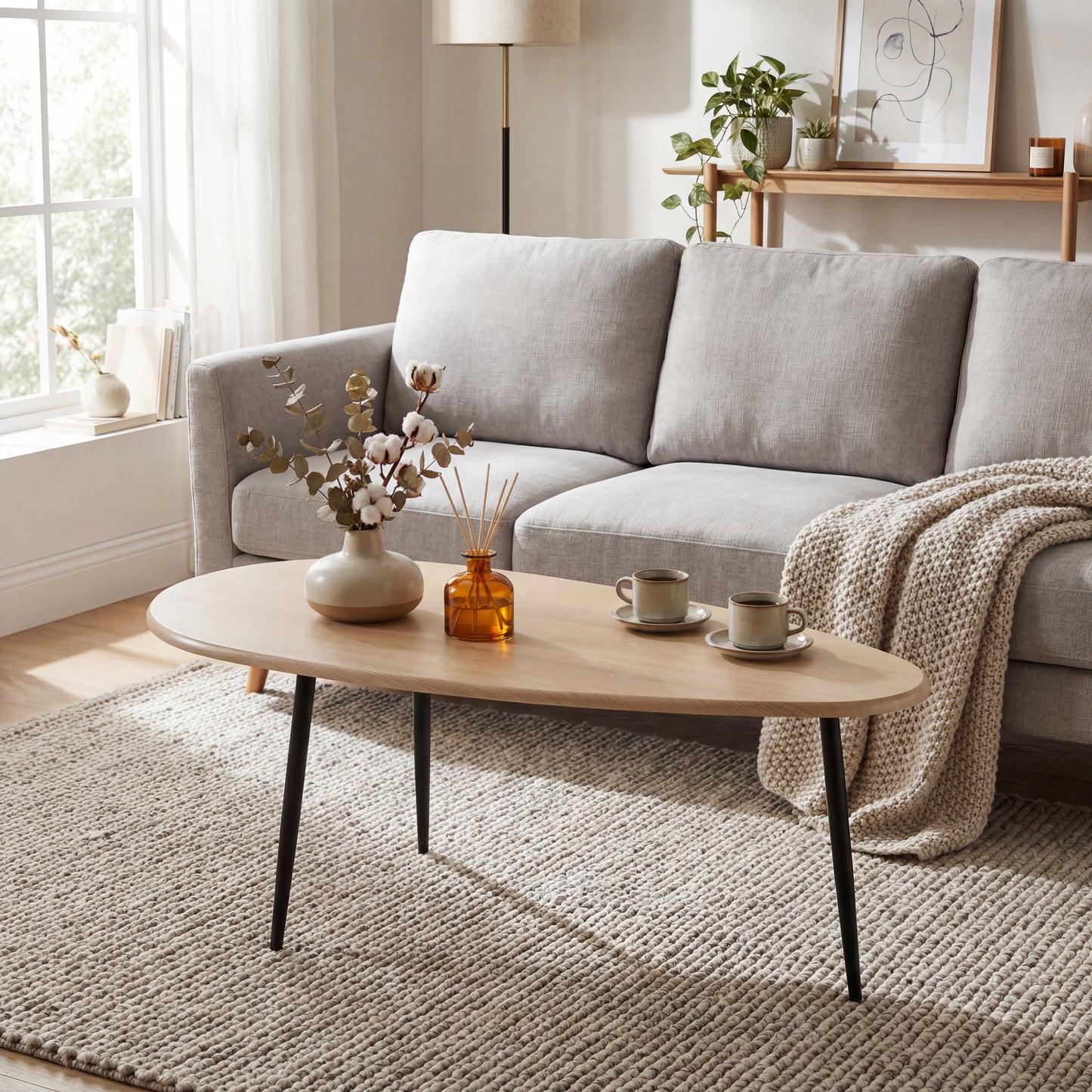 Patiojoy Oval Coffee Table 42.5 Inch Mid-Century Modern Center Table with Sturdy Metal Legs Rounded Edges
