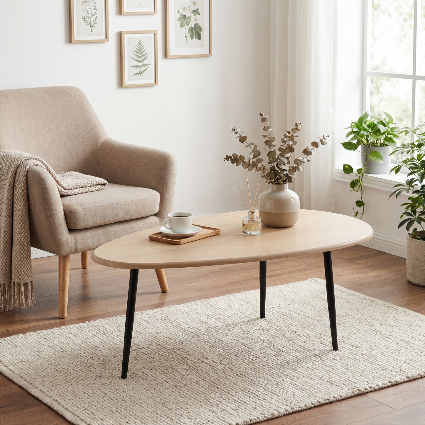Patiojoy Oval Coffee Table 42.5 Inch Mid-Century Modern Center Table with Sturdy Metal Legs Rounded Edges