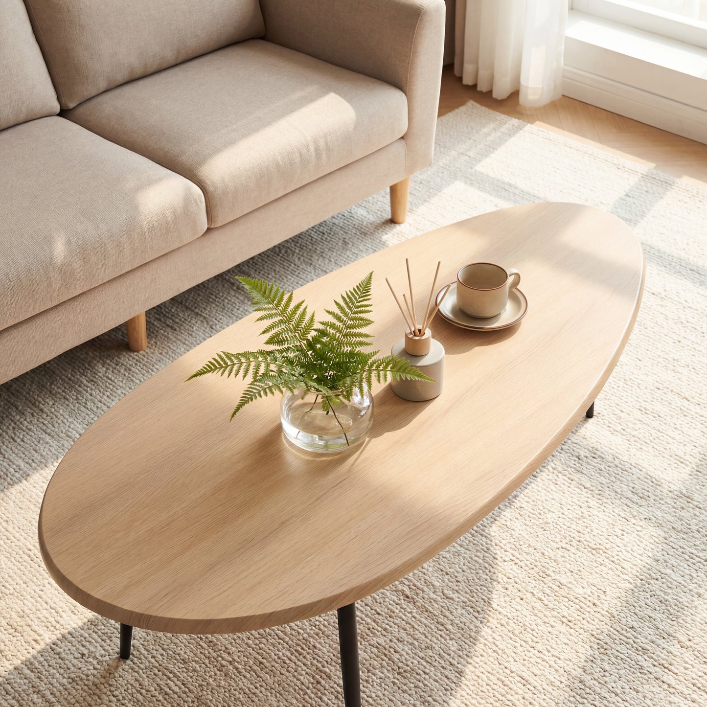 Patiojoy Oval Coffee Table 42.5 Inch Mid-Century Modern Center Table with Sturdy Metal Legs Rounded Edges