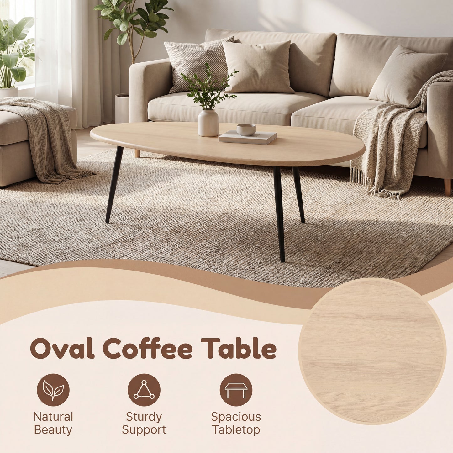 Patiojoy Oval Coffee Table 42.5 Inch Mid-Century Modern Center Table with Sturdy Metal Legs Rounded Edges