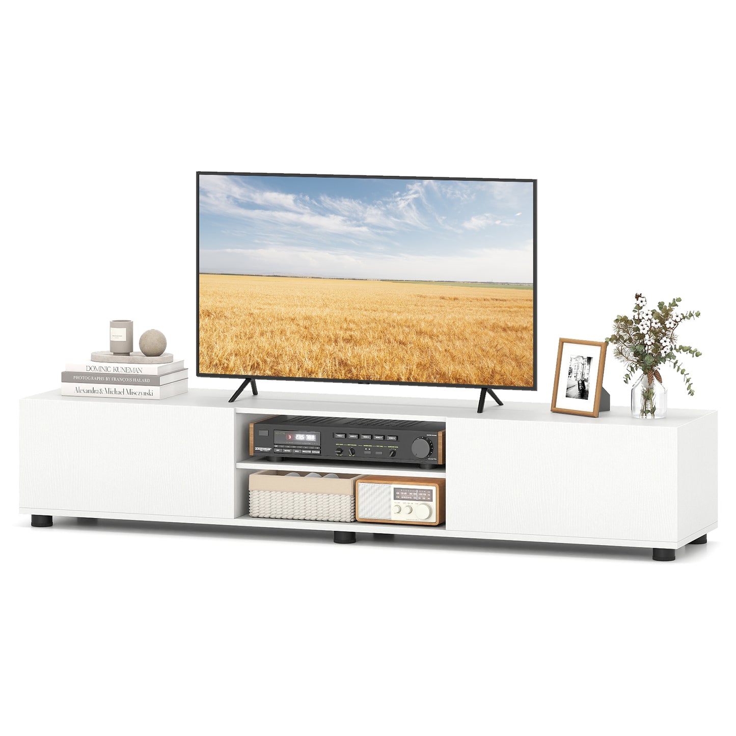 Patiojoy Modern TV Stand for up to 70" TVs Minimalist Entertainment Center with 2 Doors & Open Shelves