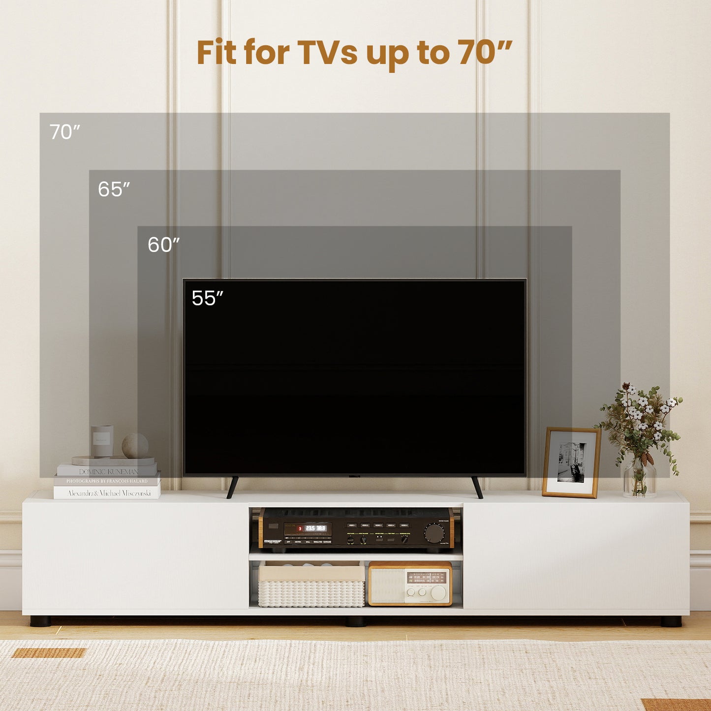 Patiojoy Modern TV Stand for up to 70" TVs Minimalist Entertainment Center with 2 Doors & Open Shelves