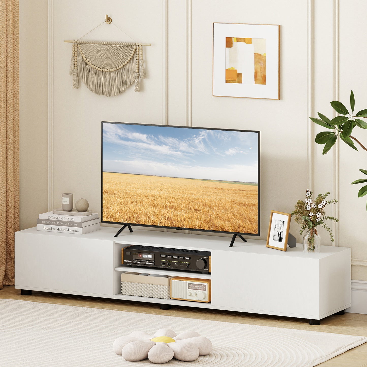 Patiojoy Modern TV Stand for up to 70" TVs Minimalist Entertainment Center with 2 Doors & Open Shelves