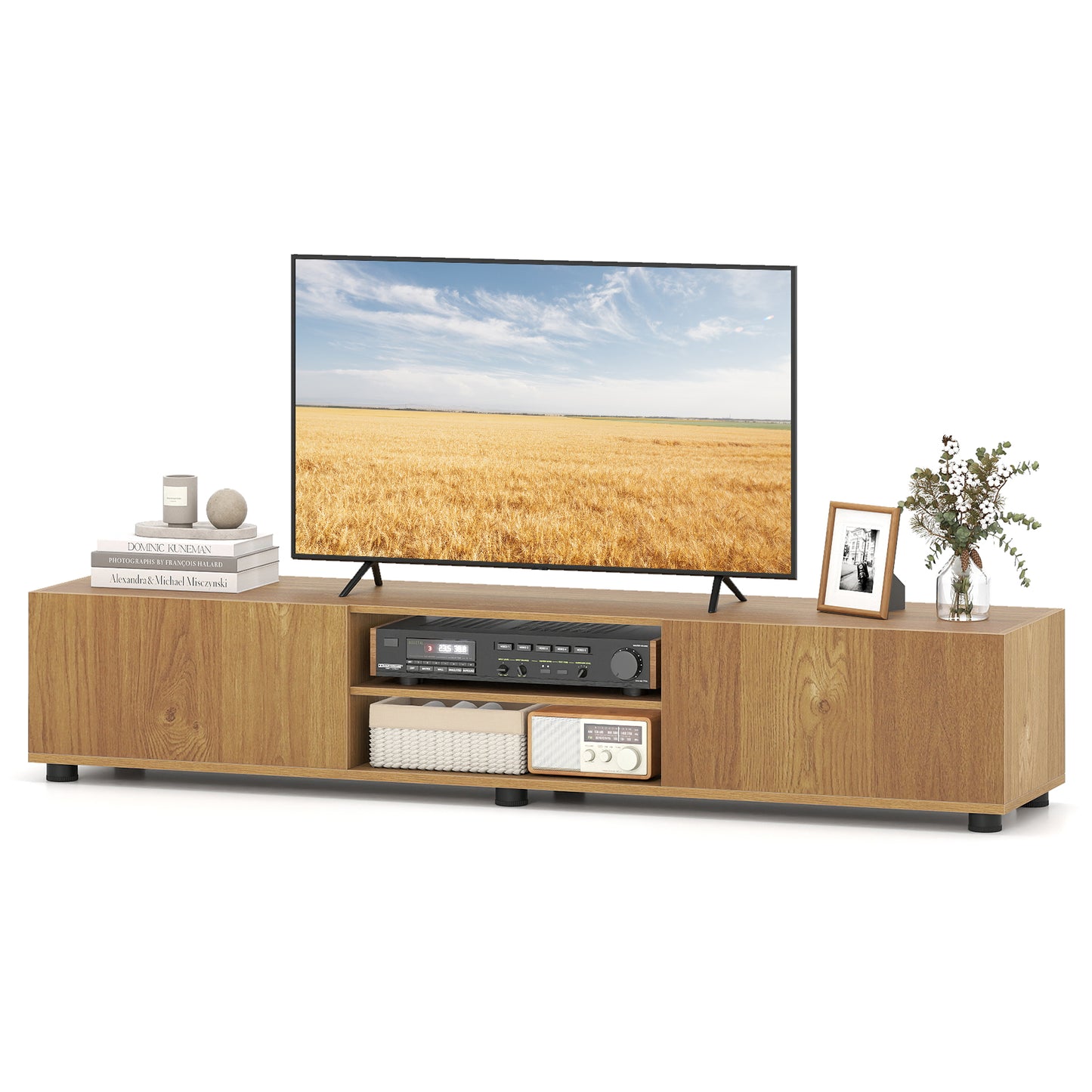 Patiojoy Modern TV Stand for up to 70" TVs Minimalist Entertainment Center with 2 Doors & Open Shelves