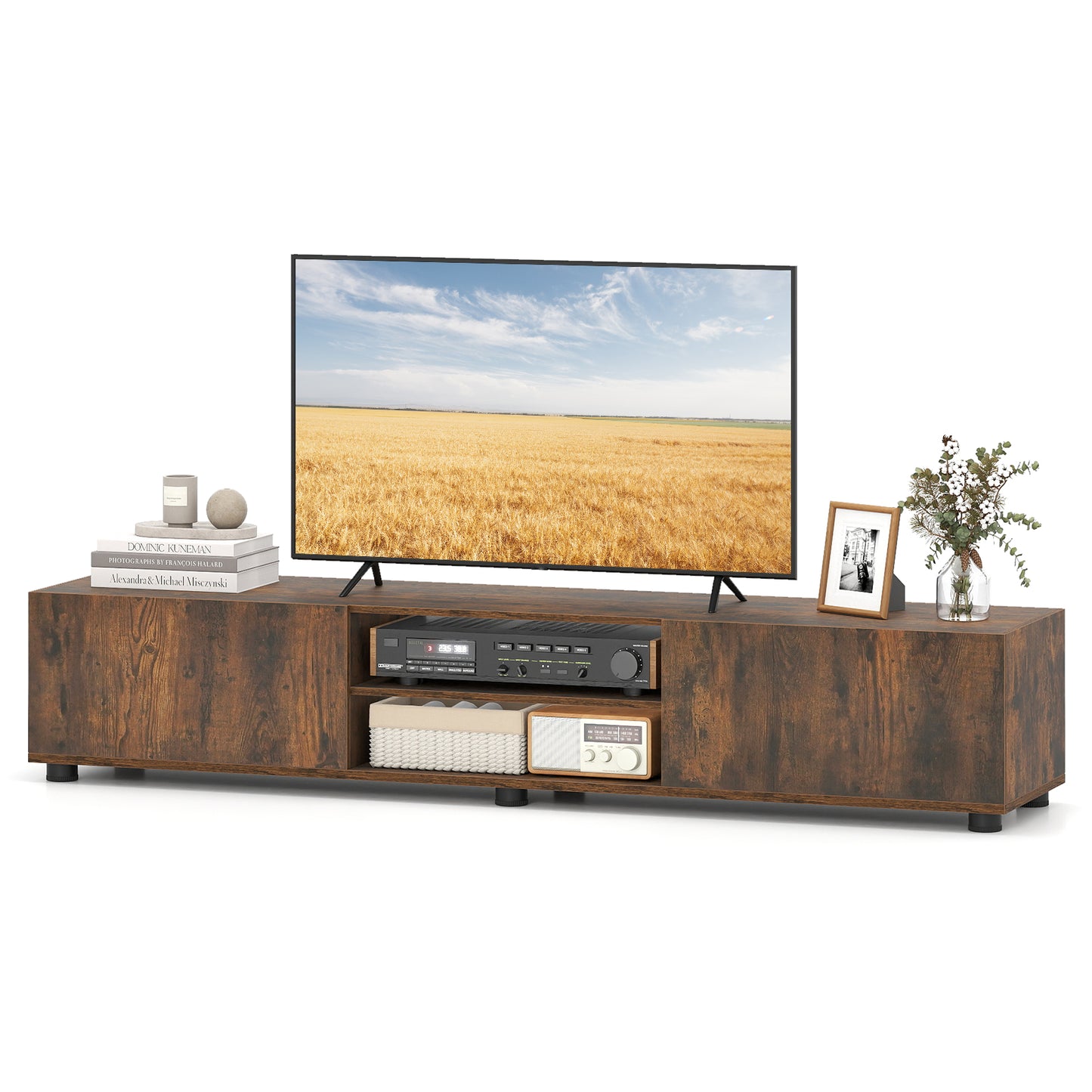 Patiojoy Modern TV Stand for up to 70" TVs Minimalist Entertainment Center with 2 Doors & Open Shelves