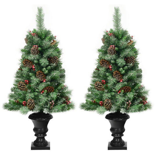 Topbuy 2-Piece 4FT Snow Flocked Artificial Christmas Tree PVC Entrance Tree with Pine Cones & Red Berries