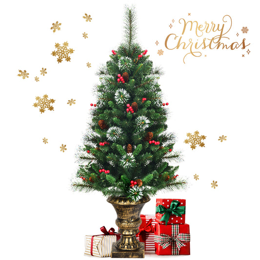 Topbuy 4FT Snow Flocked Artificial Christmas Tree PVC Entrance Tree W/ Pine Cones & Red Berries
