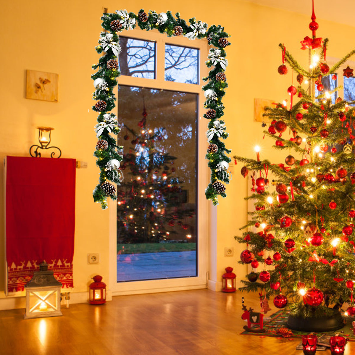 Topbuy 9FT Pre-lit Pine Christmas Garland Artificial Christmas Decoration Rattan with 50 LED Lights